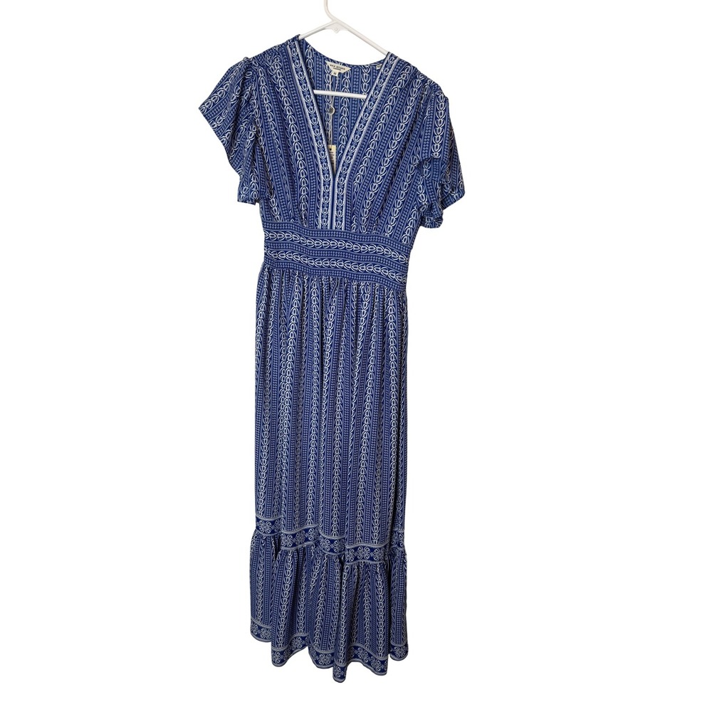 Max Studio Dress Womens XS Blue Print Flutter Sleeve V Neck Maxi‎ Boho Summer